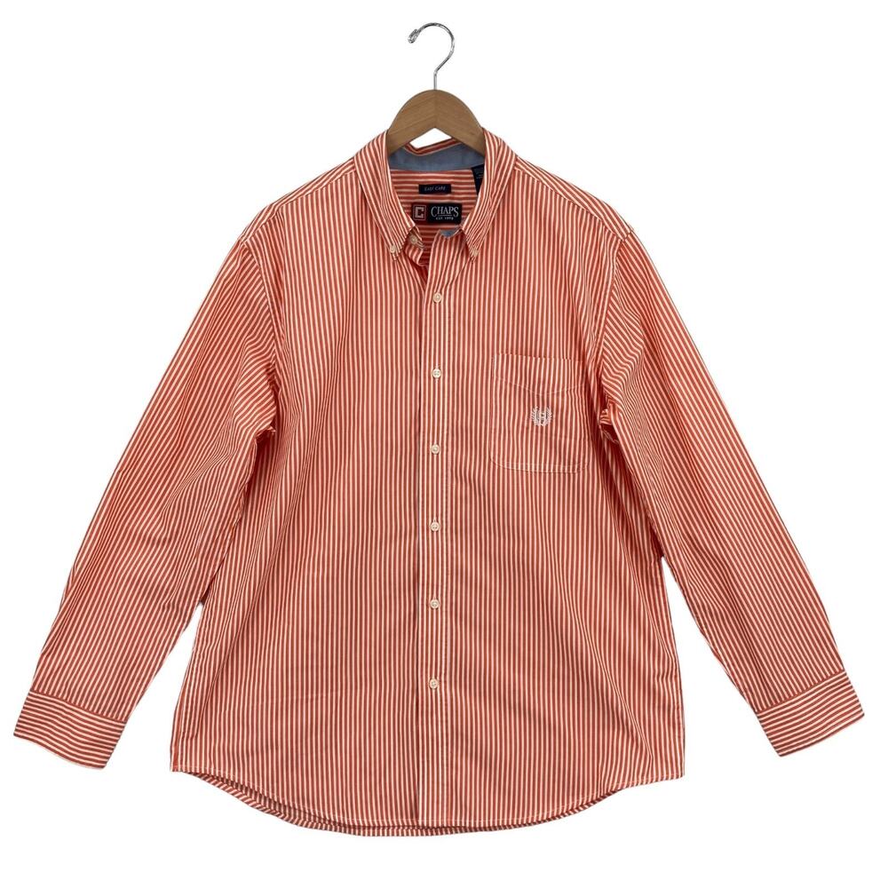 Chaps Button Up Shirt Mens Large Orange Striped Long Sleeve Easy Care Collared